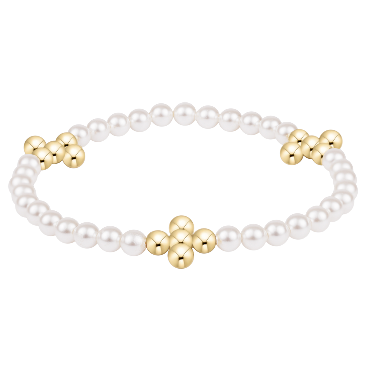 Beaded bracelet featuring a gold signature cross charm with four millimeter crystal pearls on elastic.