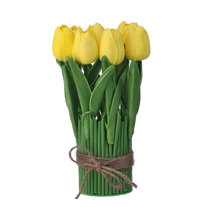 9-inch Eva tulip centerpiece in sunny yellow with green leaves