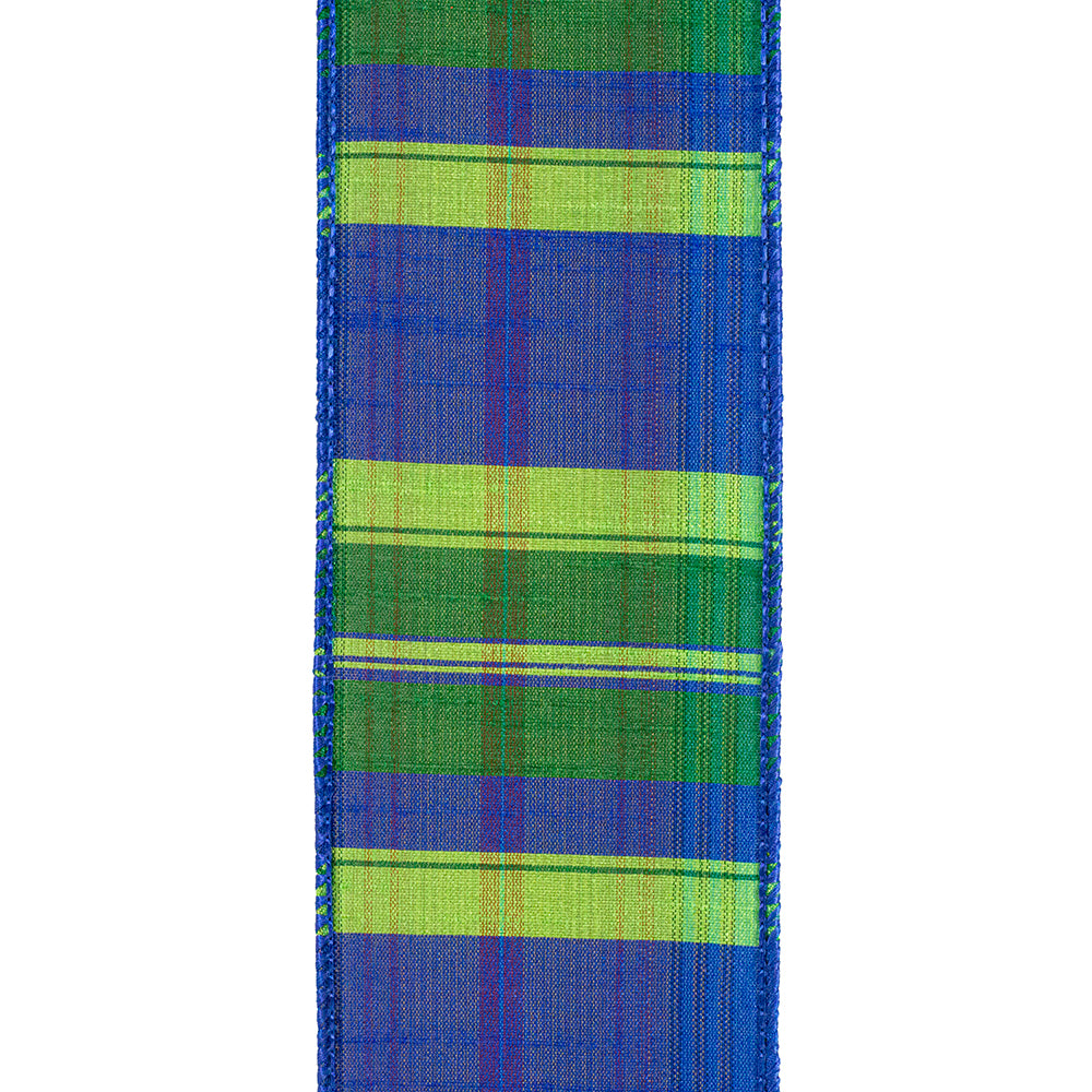 Two-and-a-half inch wired edge ribbon in blue and green plaid dupioni pattern.