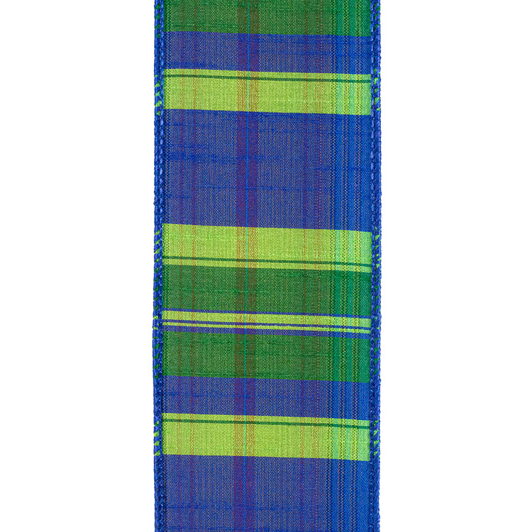 Two-and-a-half inch wired edge ribbon in blue and green plaid dupioni pattern.