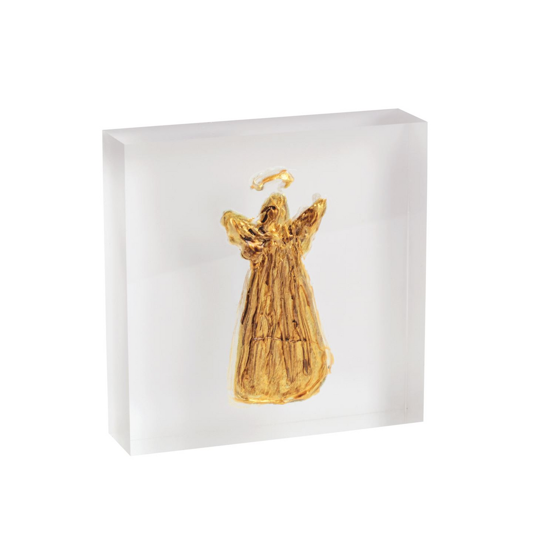 Square clear acrylic plaque featuring a hand-painted gold angel motif with a halo.