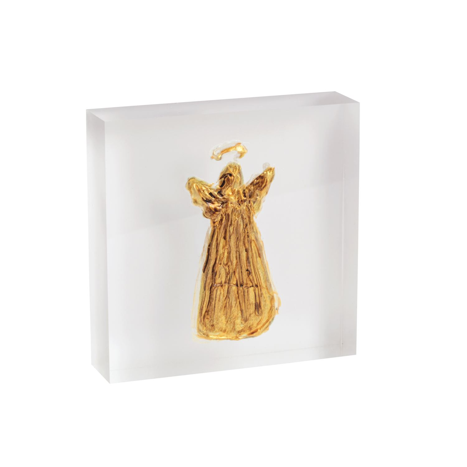 Square clear acrylic plaque featuring a hand-painted gold angel motif with a halo.