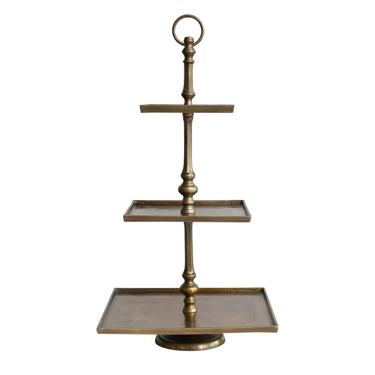 A three-tier brass tray stand with square plates and a ring handle.