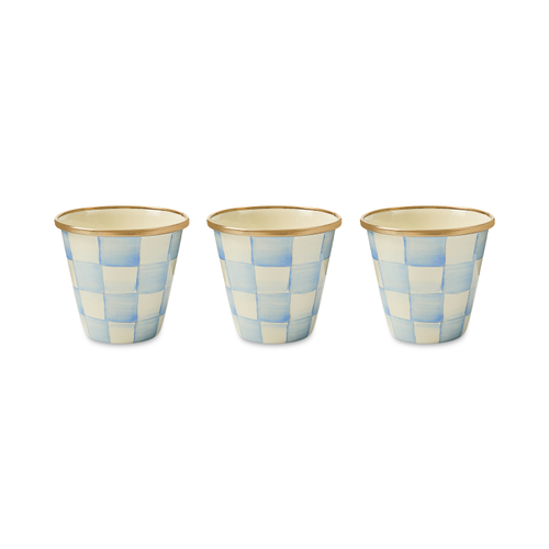 Hand-glazed steel herb pot with Sky Blue Checks pattern on a bronzed stainless steel rim.