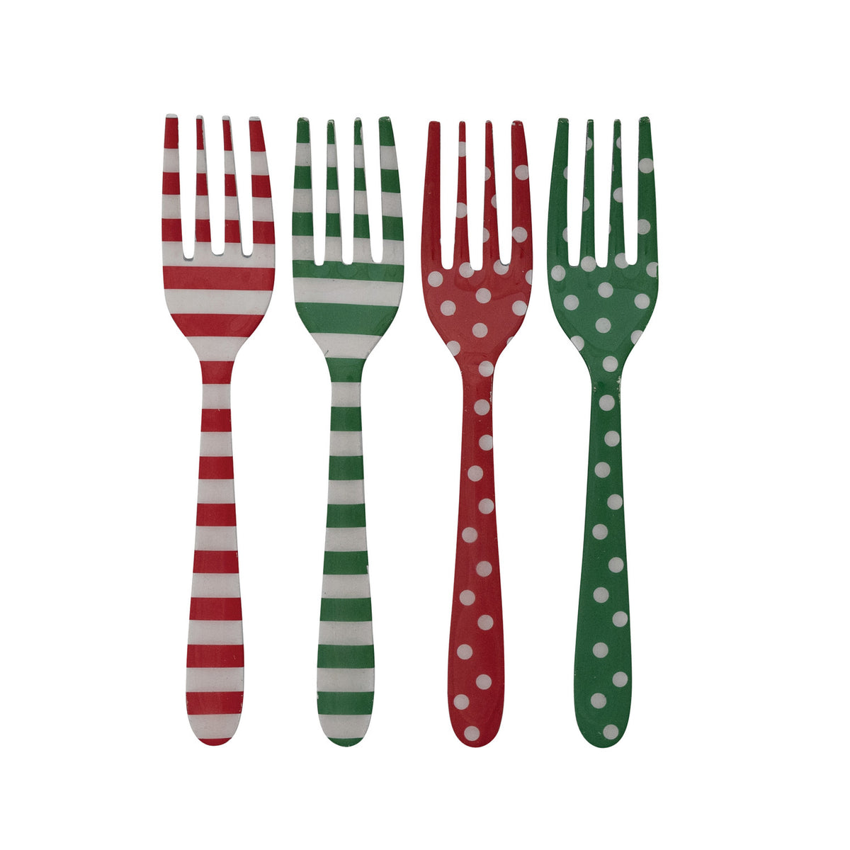 Four enameled stainless steel forks with red and green stripes and polka dot patterns.