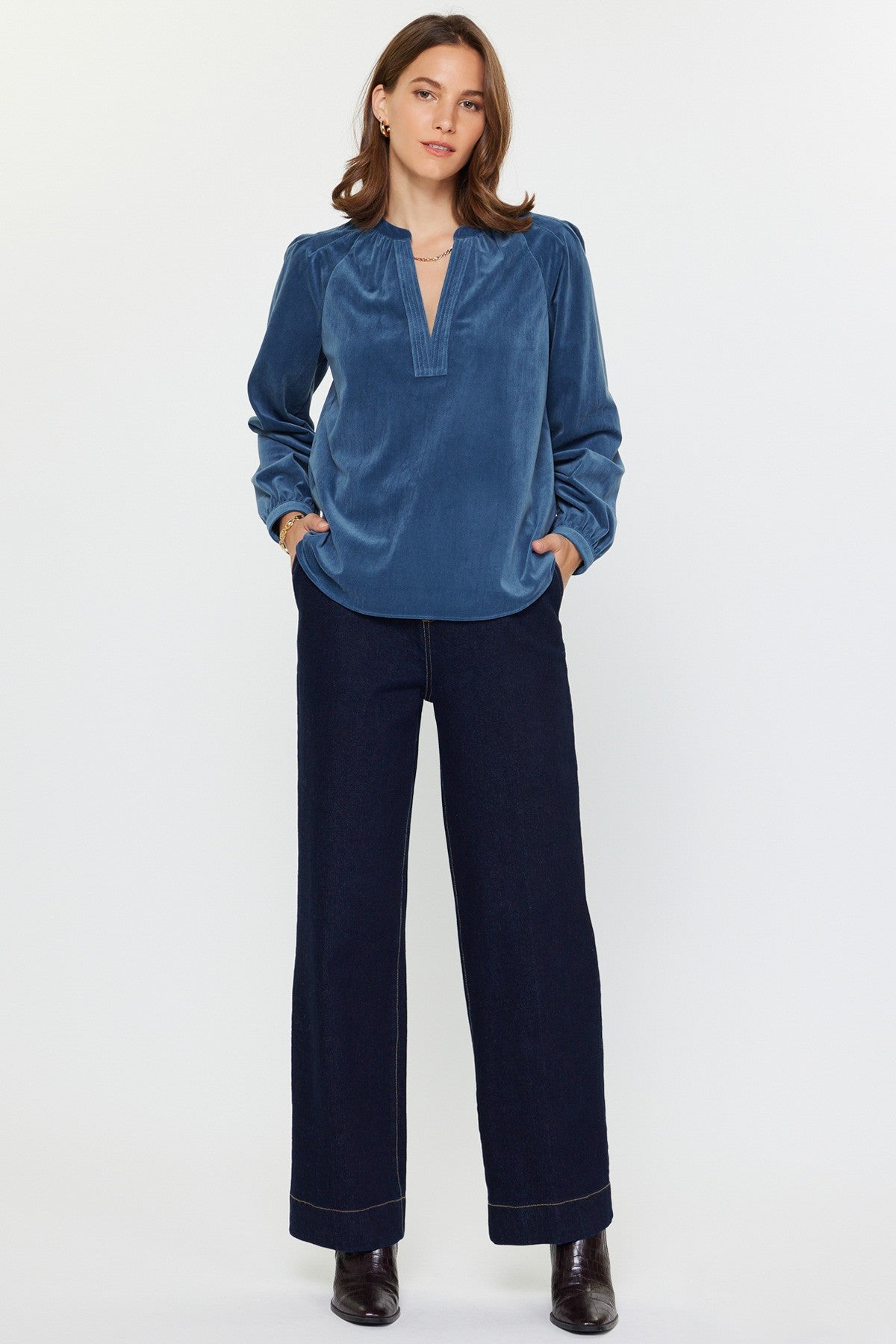 Abigail Fine corduroy long sleeve top with split neck placket and shoulder pleats in a relaxed fit.