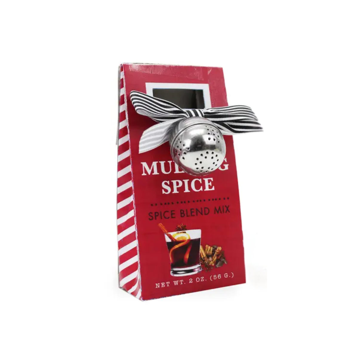 Red 2oz bag of Mulling Spice blend with a striped bow and metal tea infuser ball attached.