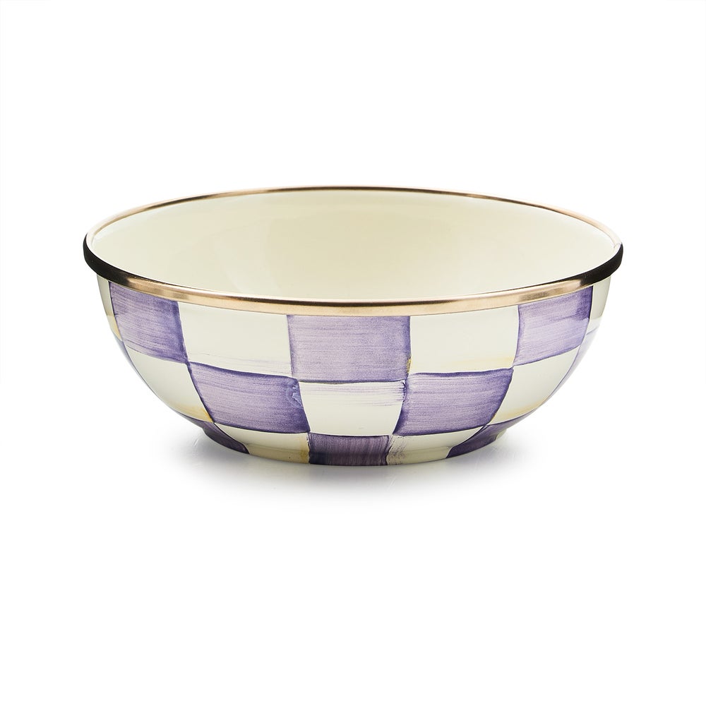 Hand-painted violet check enamel bowl with bronzed stainless steel rim