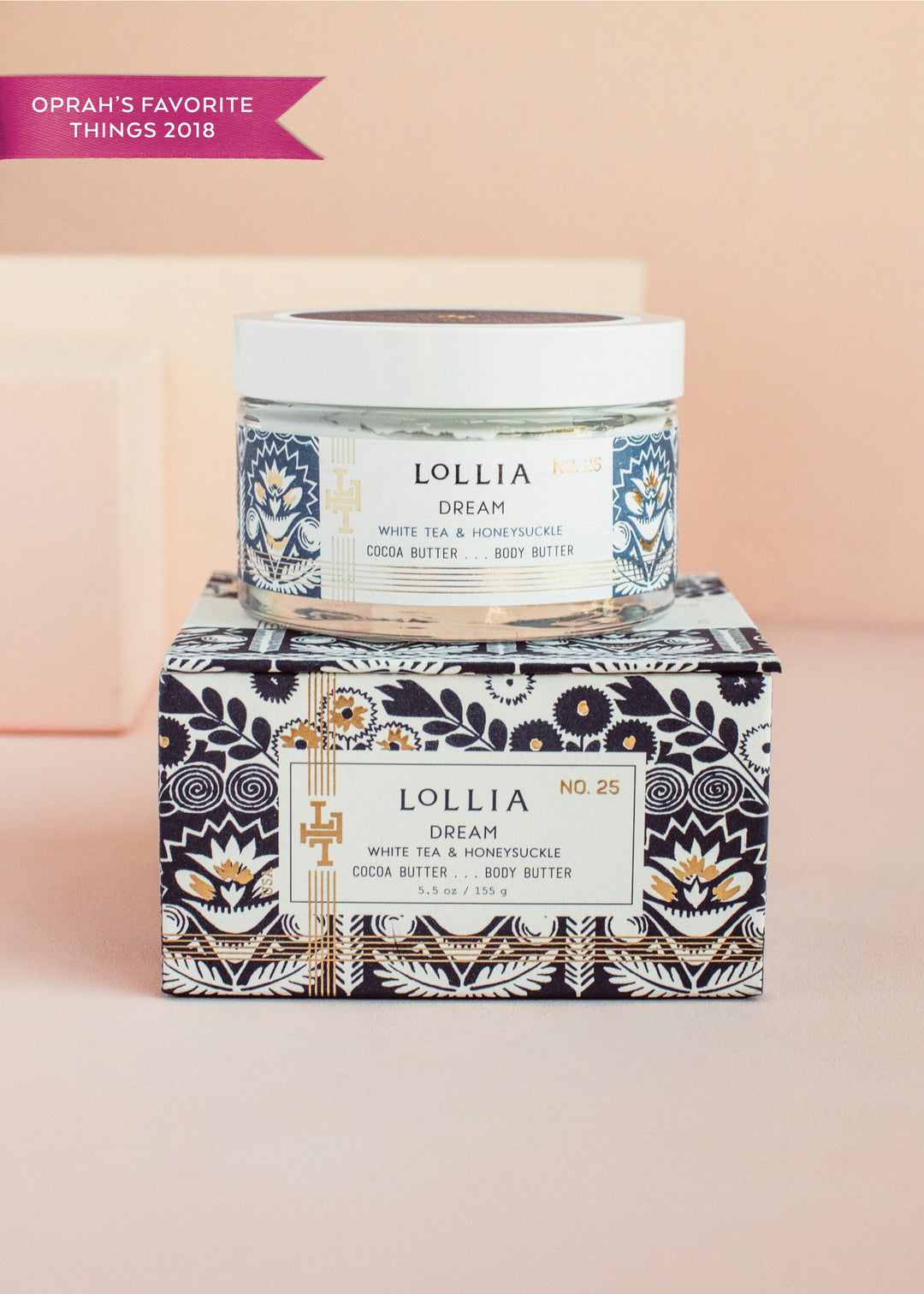 Royal blue box with floral pattern containing Dream Body Butter in cocoa butter shea butter and avocado oil