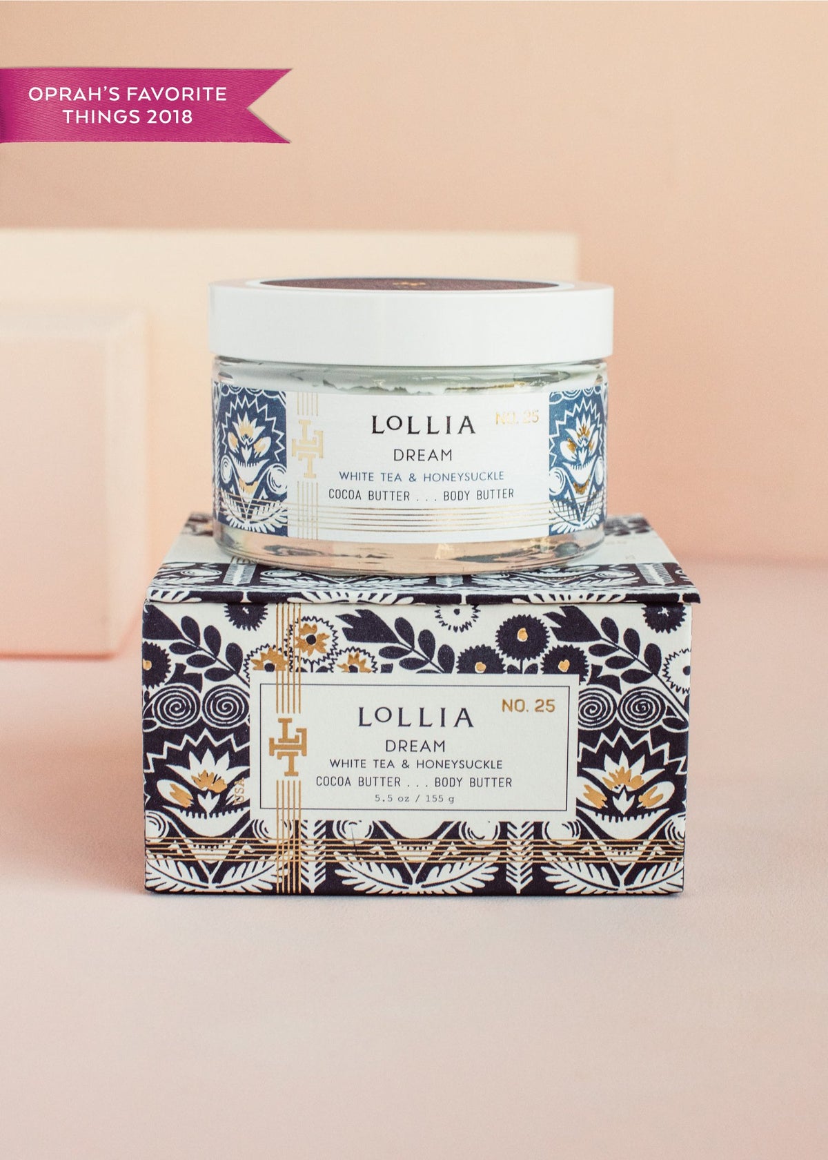 Royal blue box with floral pattern containing Dream Body Butter in cocoa butter shea butter and avocado oil