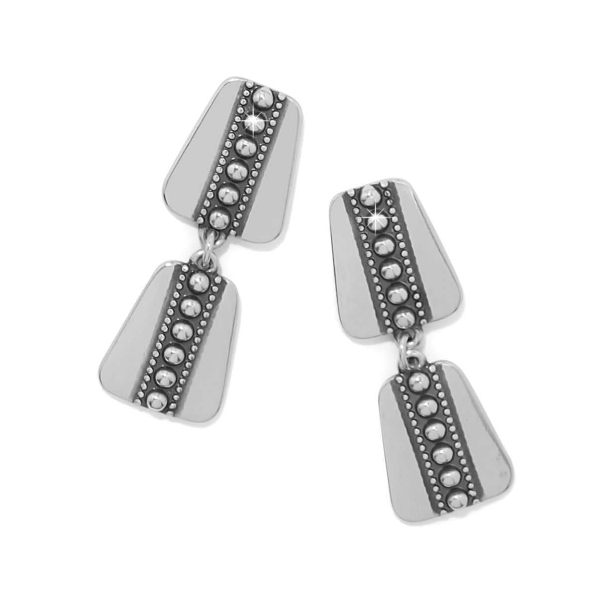 Silver plated Pretty Tough Geo Post Drop Earrings with beaded texture and geometric shapes.