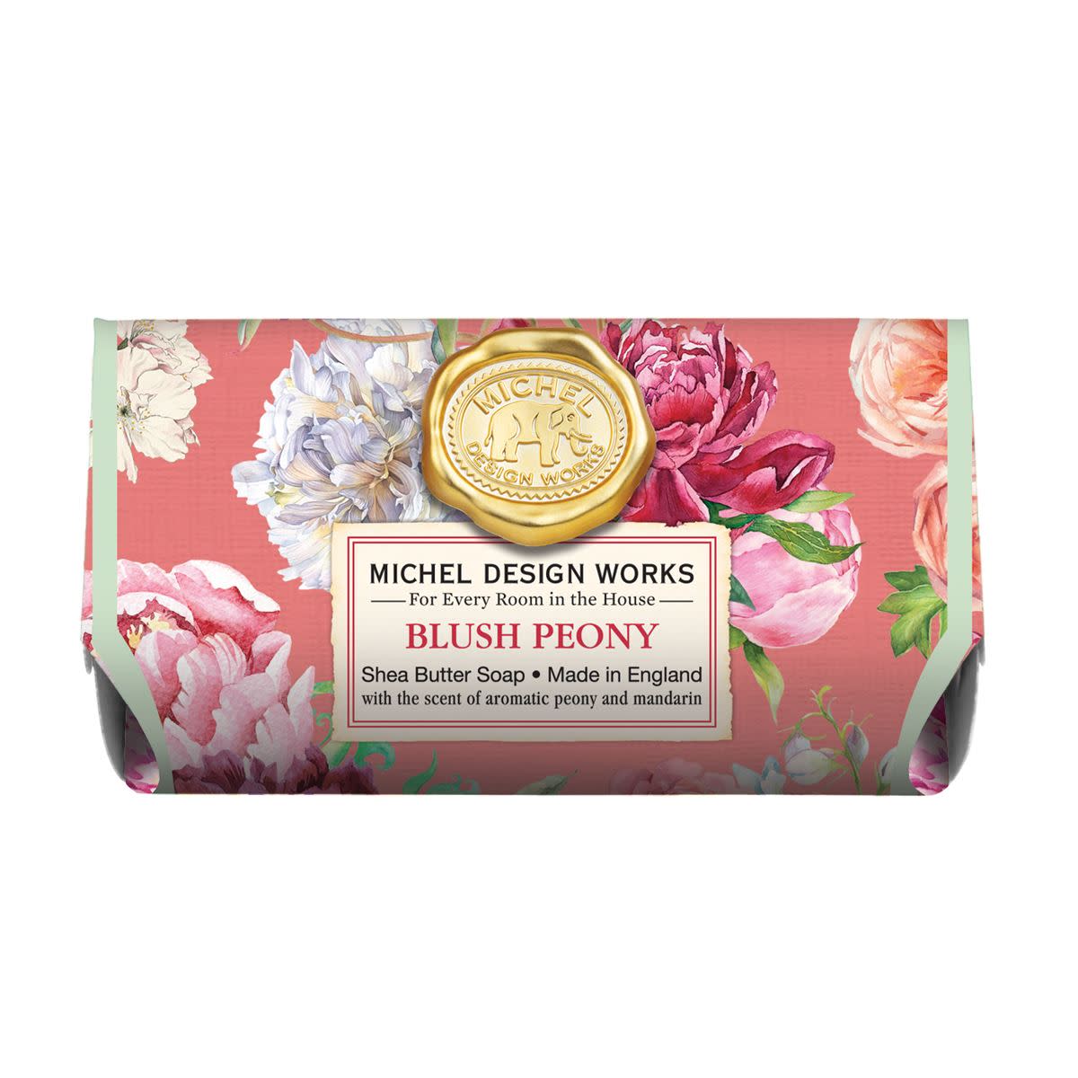 Michel Design Works Blush Peony shea butter soap bar with floral pattern on pink background.
