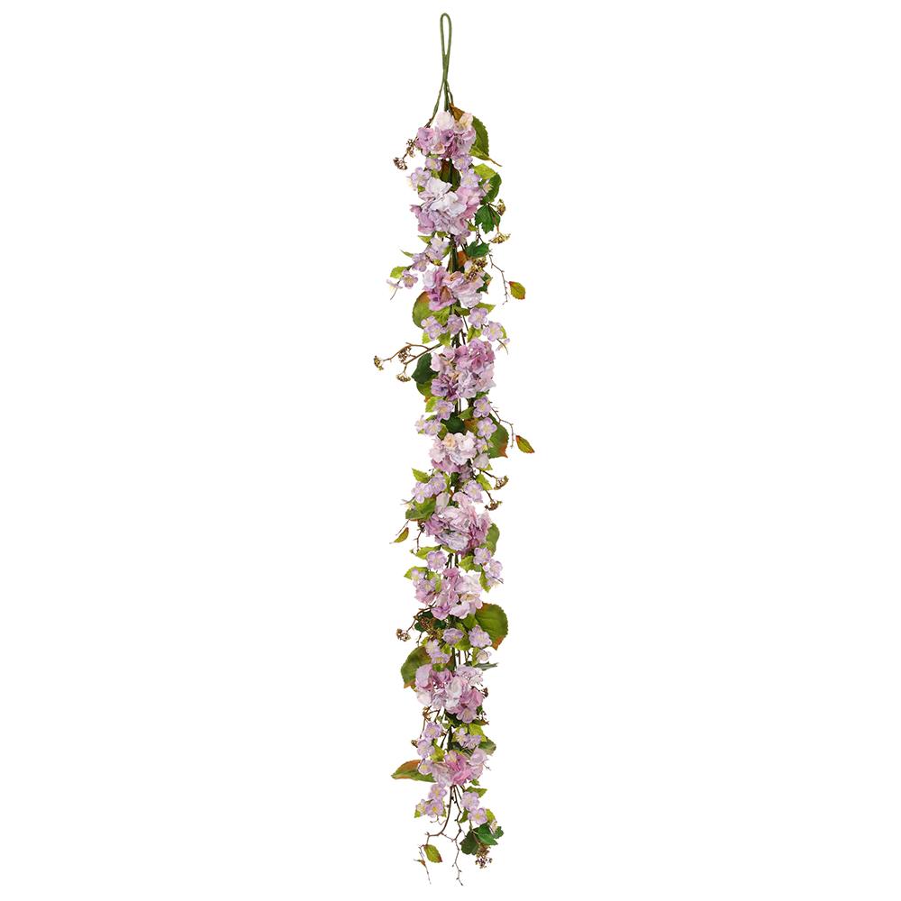 6-foot polyester hydrangea blossom garland with wire support in soft pink floral pattern.