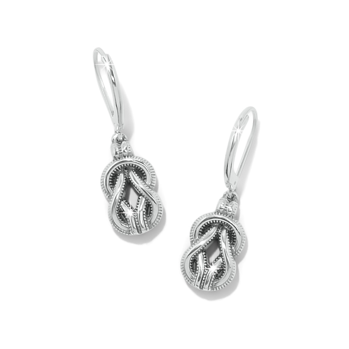 Interlok Harmony silver-tone leverback earrings featuring a textured knot design.