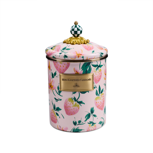 Pink medium canister with strawberry pattern, bronzed steel rim, and a checkered knob on the lid.