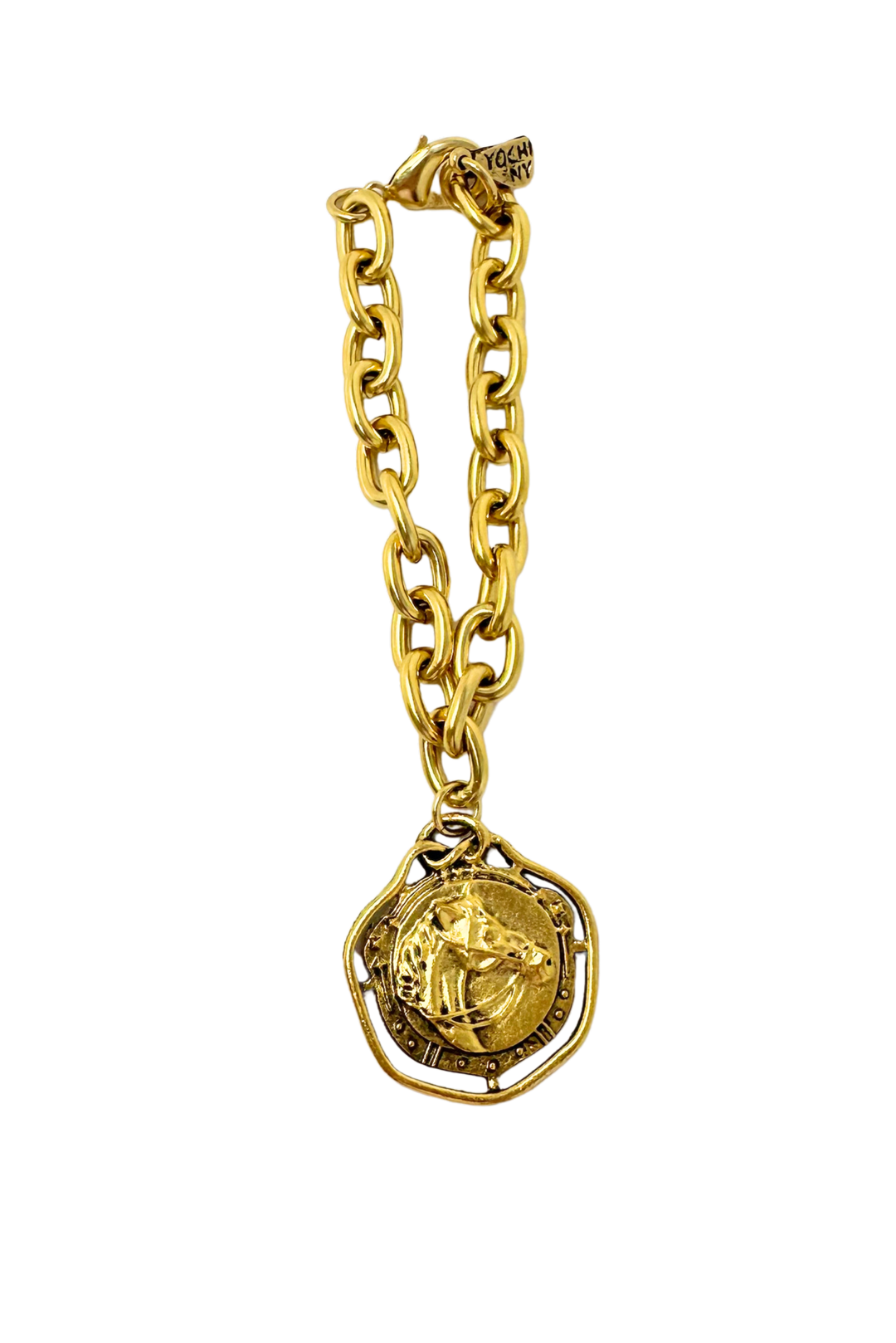 Gold chunky chain bracelet featuring a circular horse head pendant and a lobster clasp.