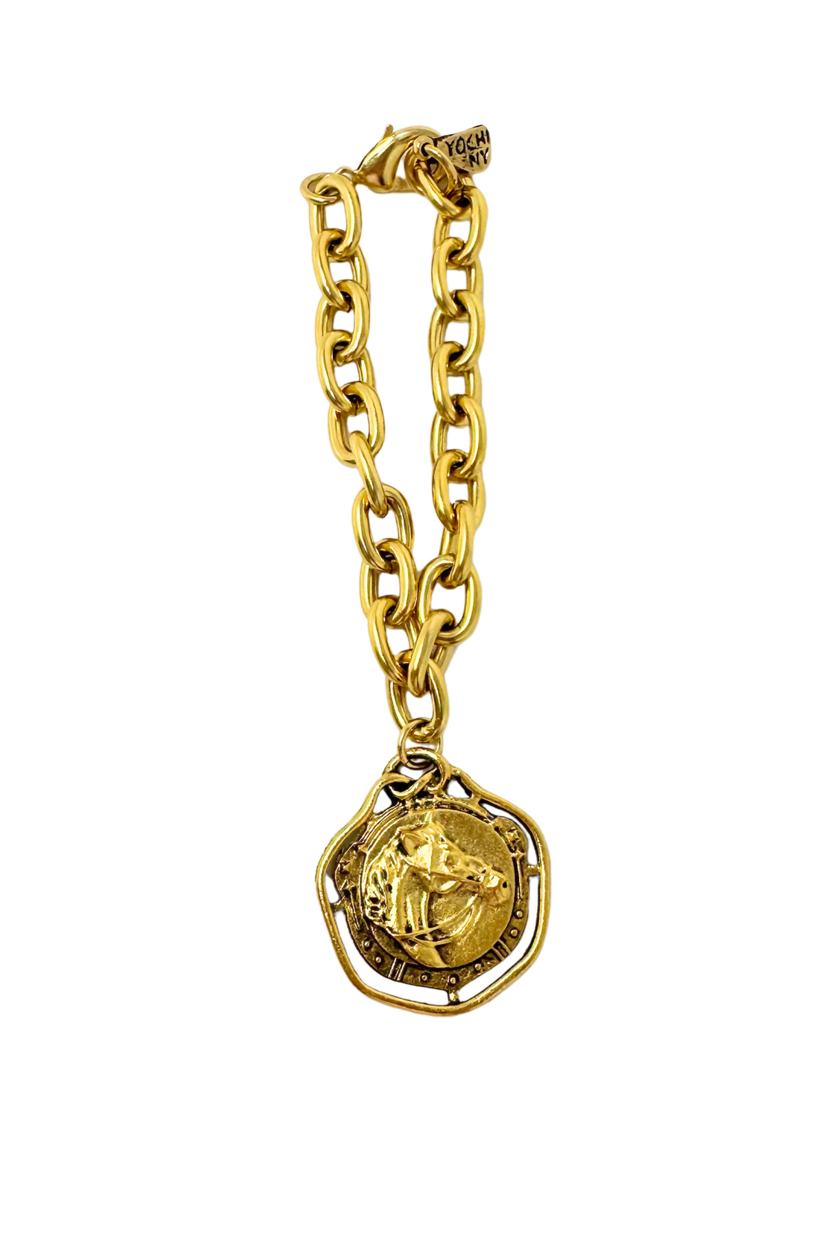Gold chunky chain bracelet featuring a circular horse head pendant and a lobster clasp.