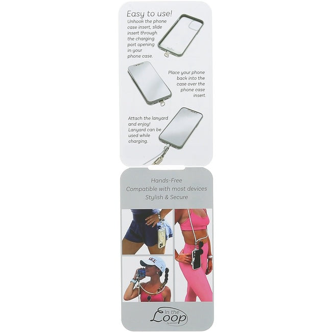 Instructional packaging for a white crossbody phone lanyard showing setup and hands-free use.