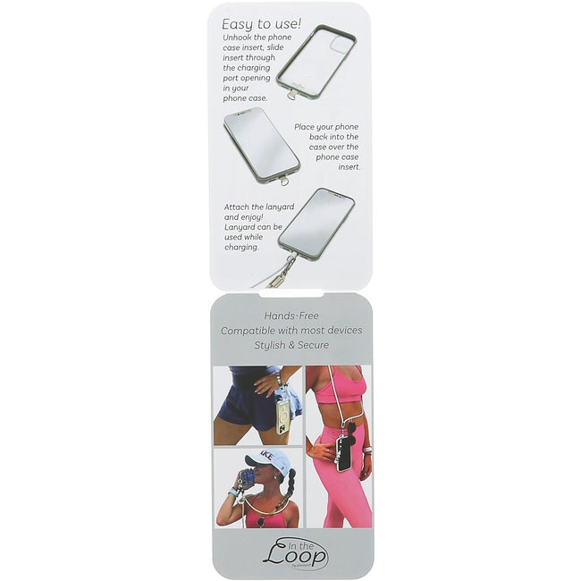 Instructional packaging for a white crossbody phone lanyard showing how to attach it to a case.