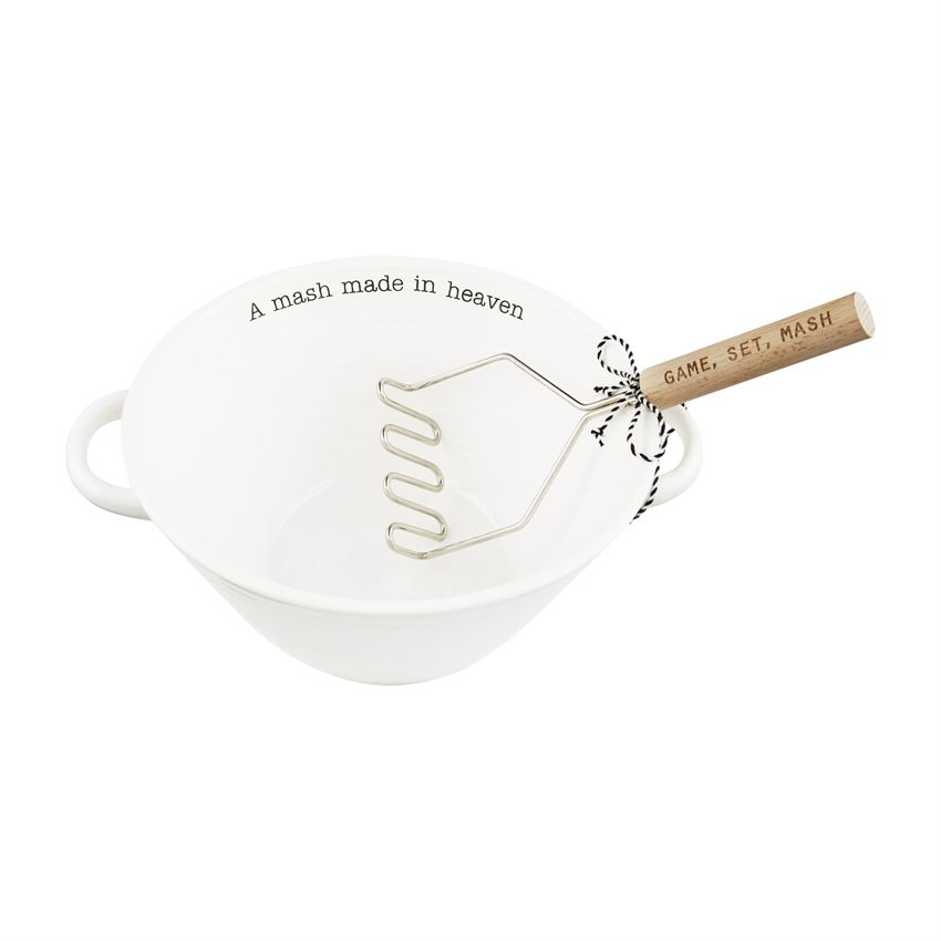 Ceramic potato bowl set with metal masher tied in a bow