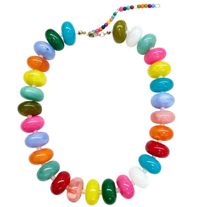Bailey Chunky Beaded Necklace with large, glossy marbled beads in a variety of vibrant colors.