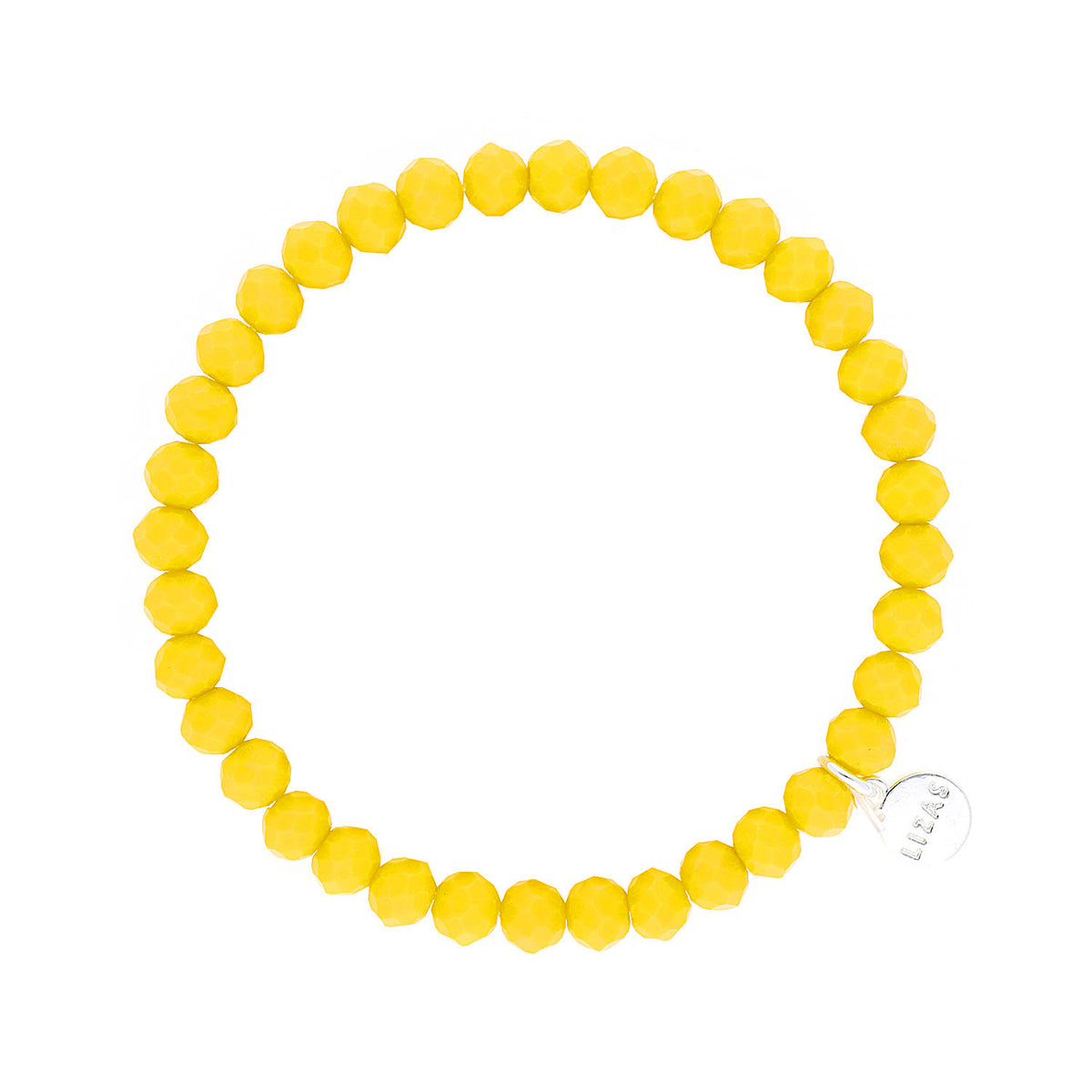 Stretchy beaded bracelet with faceted glass beads in a colorful pattern.