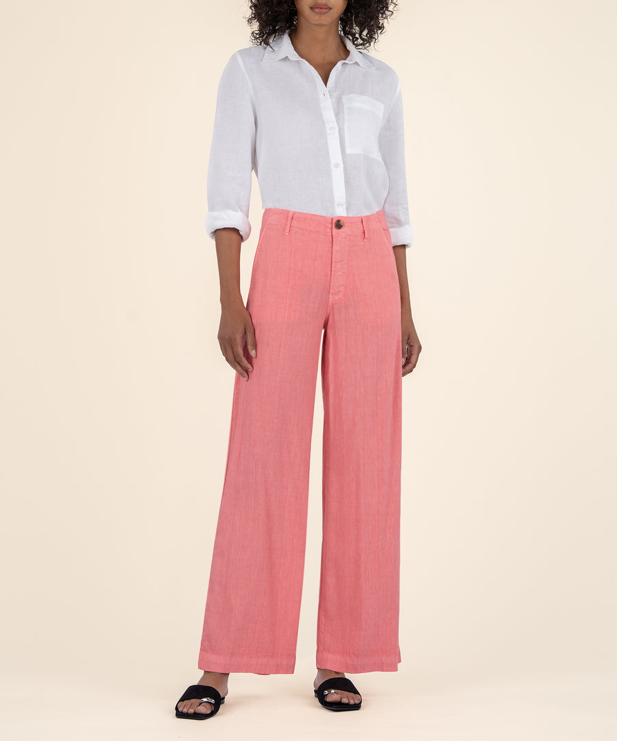 Front view of Meg Linen high rise wide leg pants in a soft neutral tone with a relaxed silhouette.