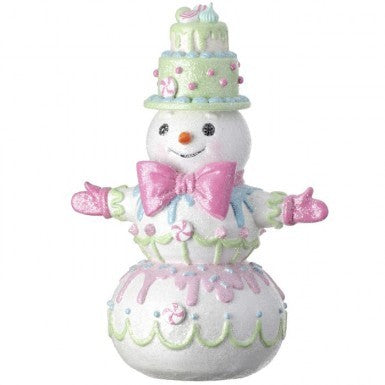 17-inch resin snowman figurine with a pastel candy theme, pink bowtie, and tiered cake hat.