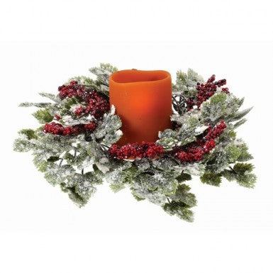 14-inch frosted mini grape leaf and red berry candle ring surrounding an orange pillar candle.