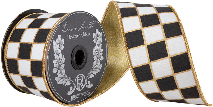 Gilded check outlined ribbon with metallic backing on a wired edge.