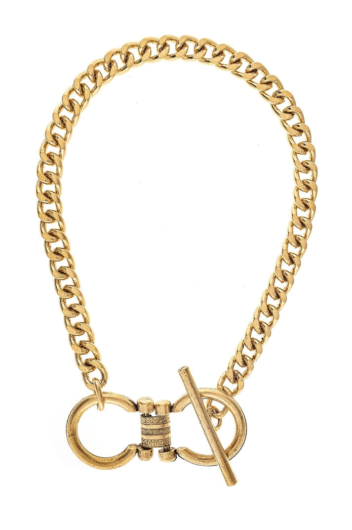 Lyla 17-inch gold curb chain necklace featuring a large double ring toggle closure.