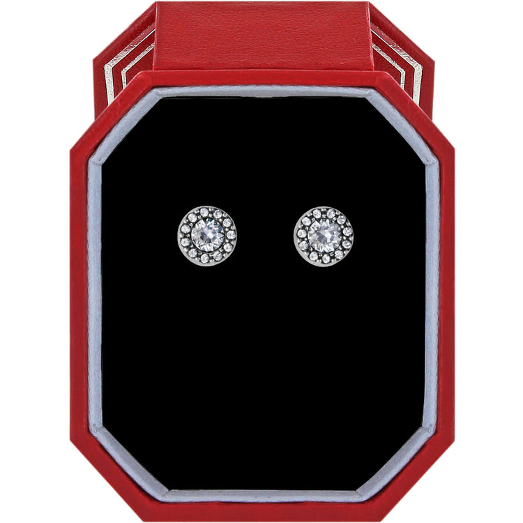 Illumina Solitaire silver plated post earrings with crystals in a red gift box.