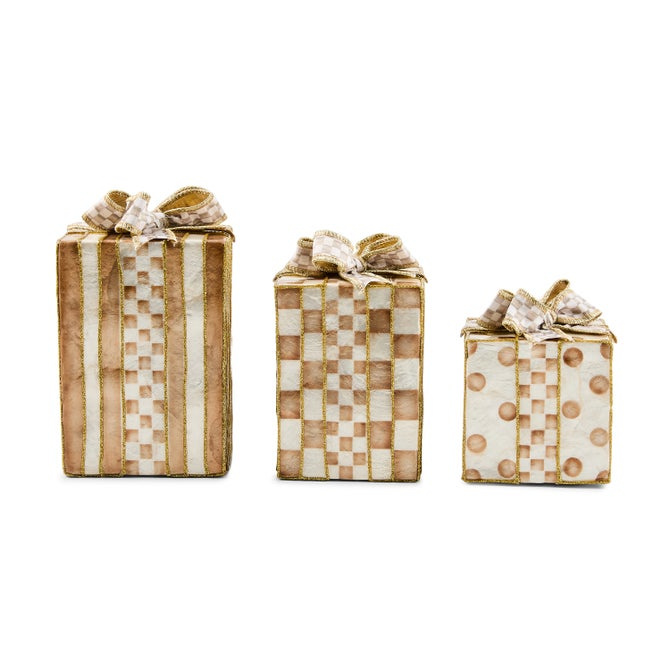 Three mocha capiz gift boxes in varying sizes with checkered, striped, and polka dot patterns.