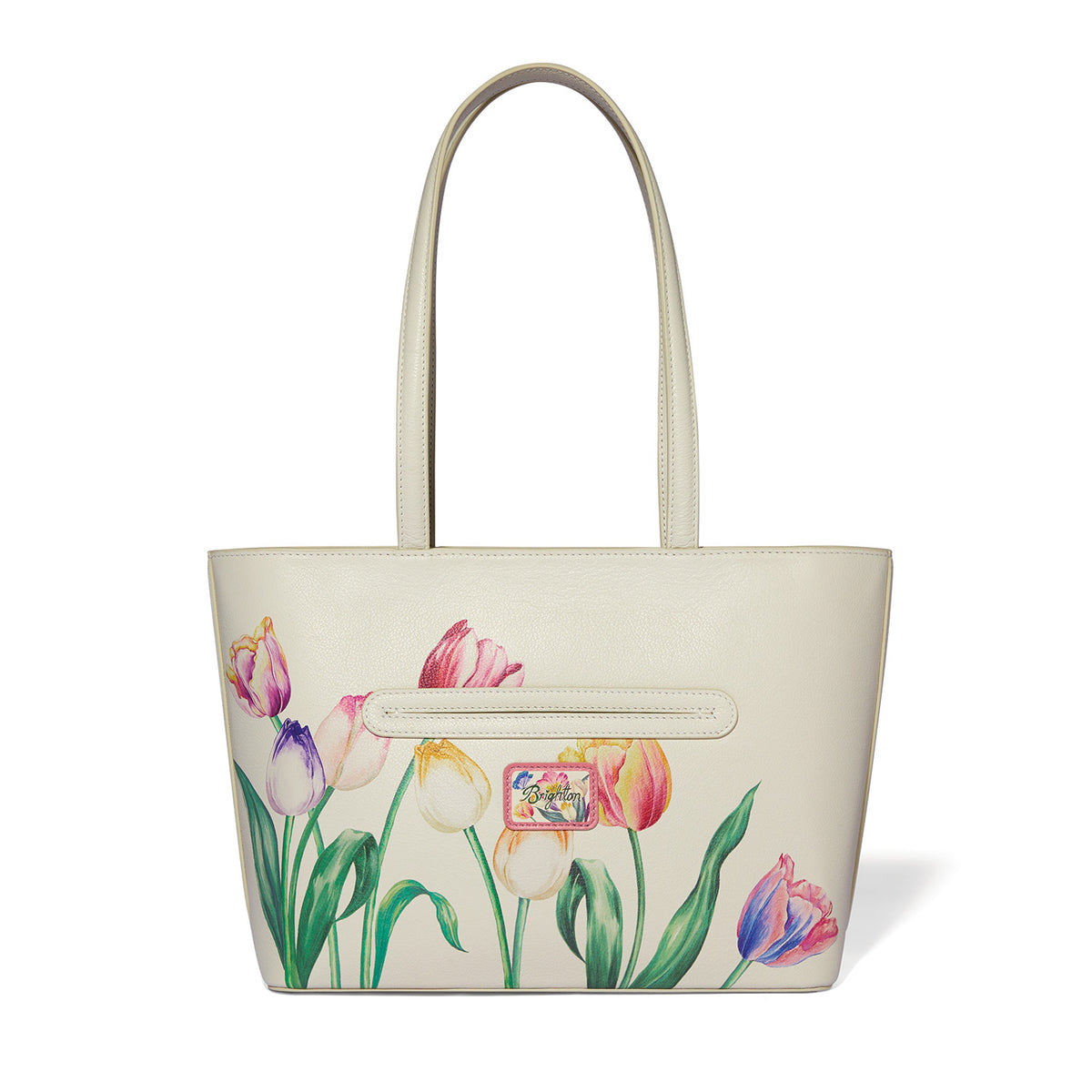 Cream leather tote bag with colorful painted tulips and a small pink Brighton logo patch.