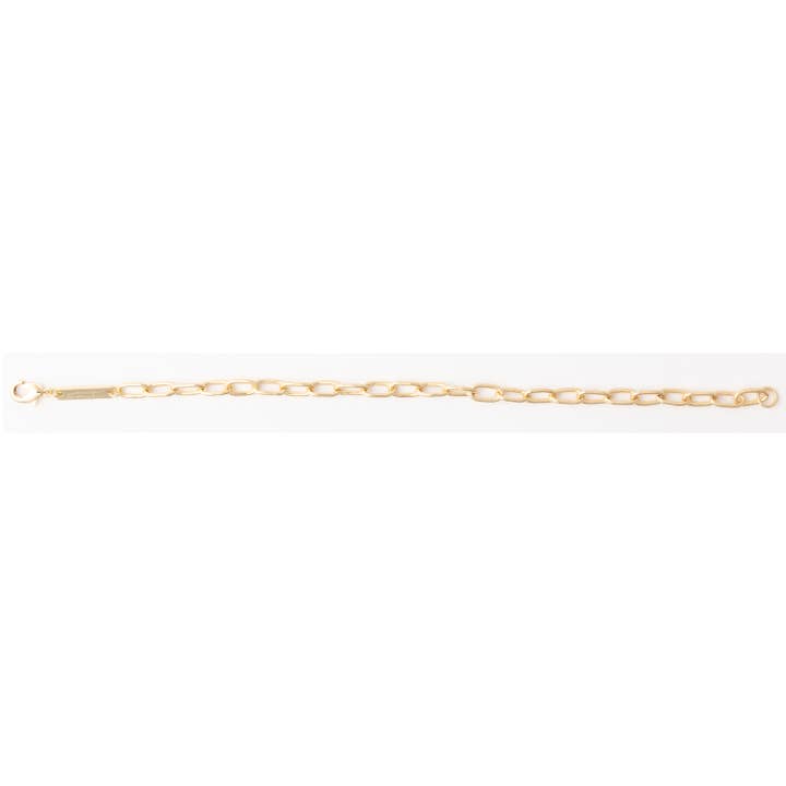 Gold chain link bracelet with a lobster clasp and a small rectangular bar detail.
