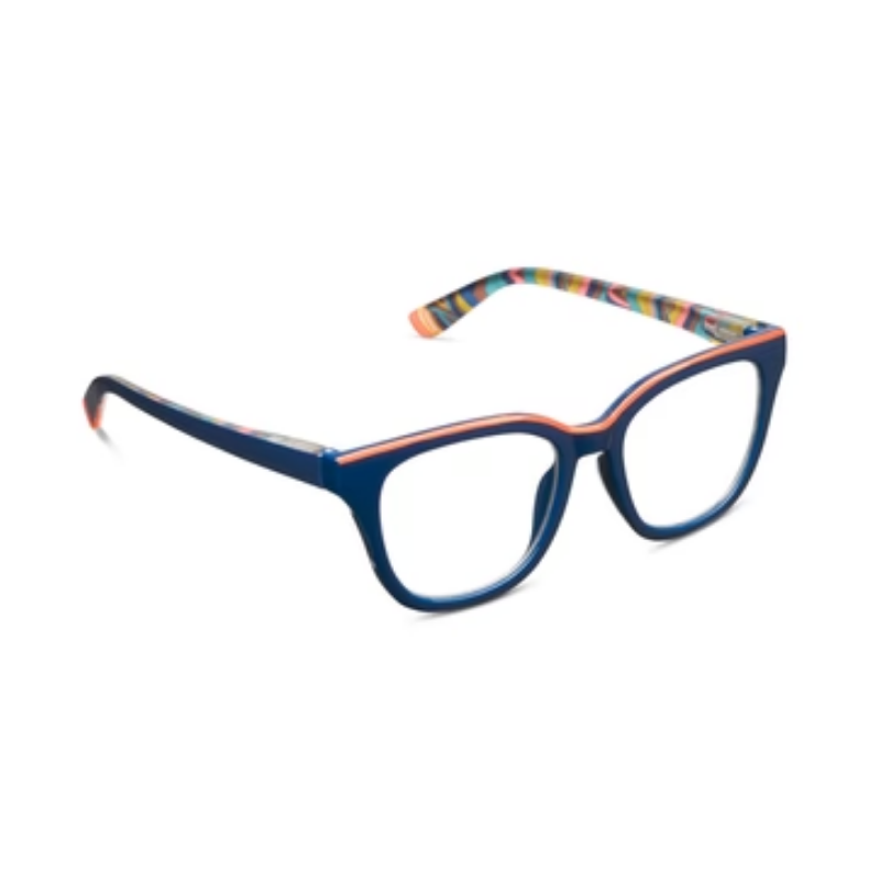 Blue polycarbonate trapeze progressive eyeglasses with spring hinges
