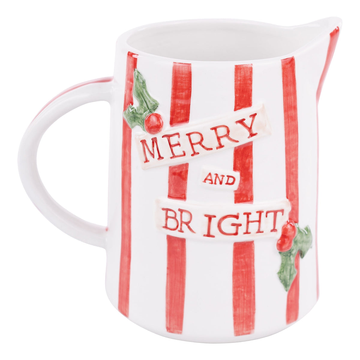 Hand-painted Merry & Bright wreath pitcher with festive holiday pattern.