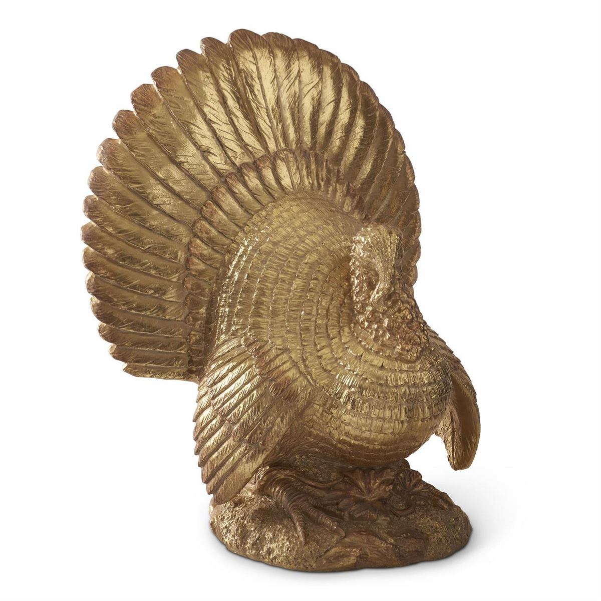 18.25 inch gold resin turkey figurine with detailed feathers and an antique finish.