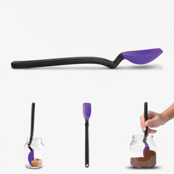 Mini Supoon silicone spoon with a black handle and purple head shown in various angles and in jars.