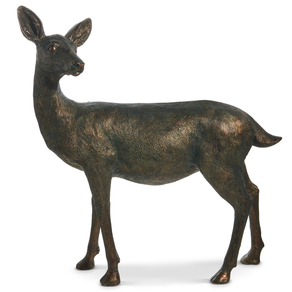 35-inch standing doe statue made of bronze-colored resin, shown in a side profile view.