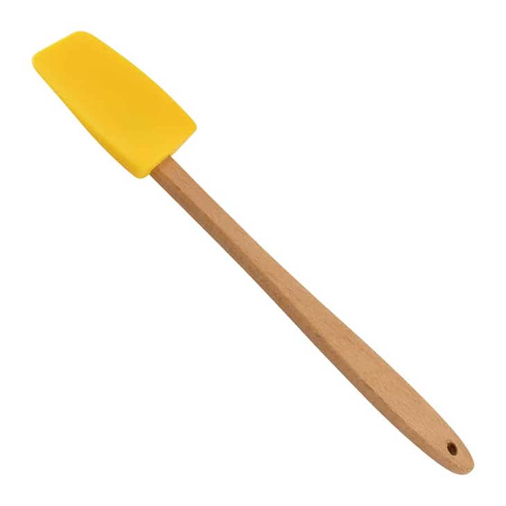 Mini silicone spatula with a yellow head and a light wood handle.