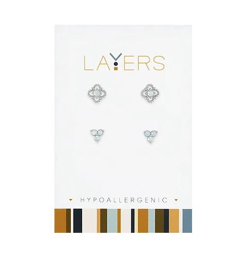 Two pairs of silver stud earrings: beaded petal flowers and triple opal clusters on a white card.