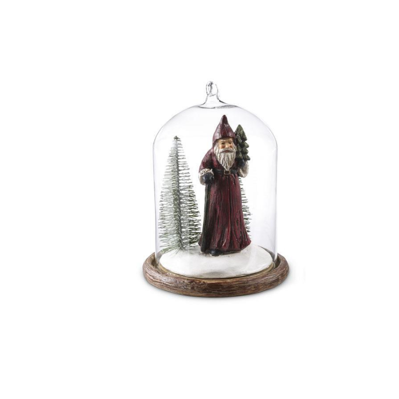 Old World Santa in a red robe with a bottlebrush tree inside a glass cloche on a wooden base.