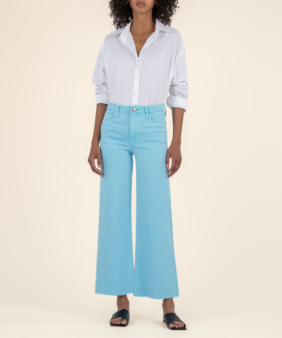 High-rise wide-leg jeans in faded watery blue wash with front Fab Ab pockets and soft stretchy cotton fabric.