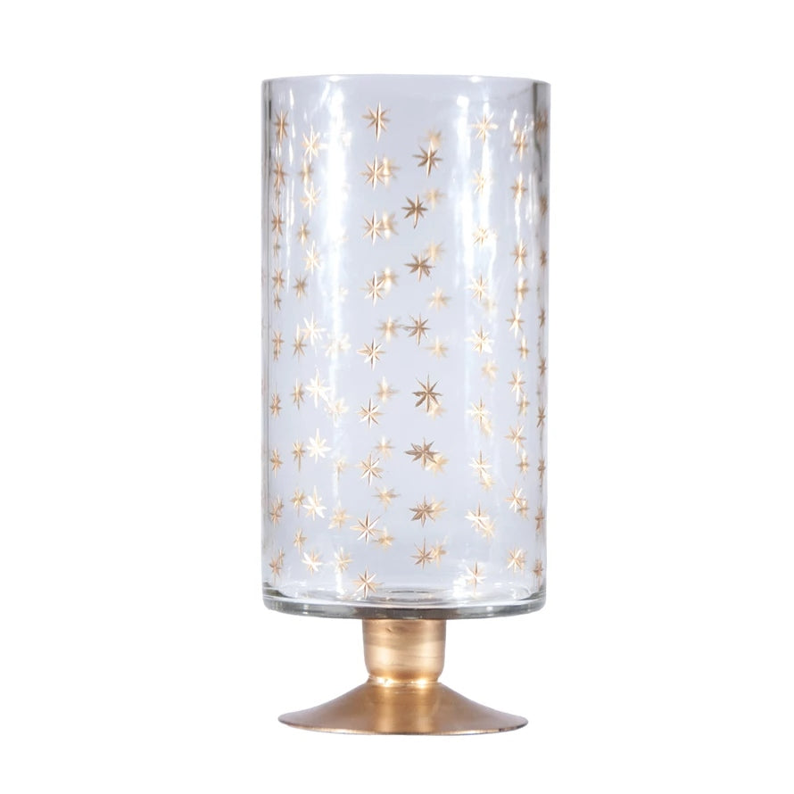 Hand-painted etched glass footed hurricane vase with starburst pattern