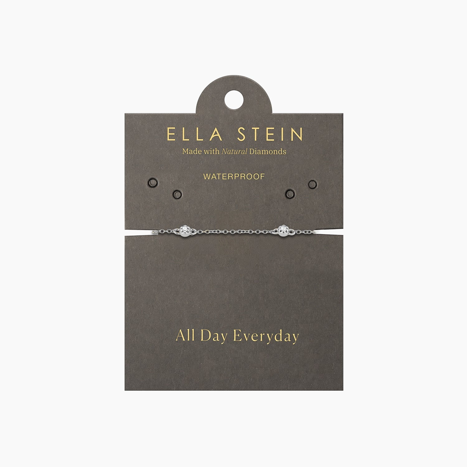 Silver Ara Chain Bracelet with two small diamonds on a grey Ella Stein display card.