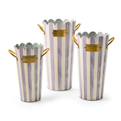 Galvanized metal flower bucket with brass logo plate