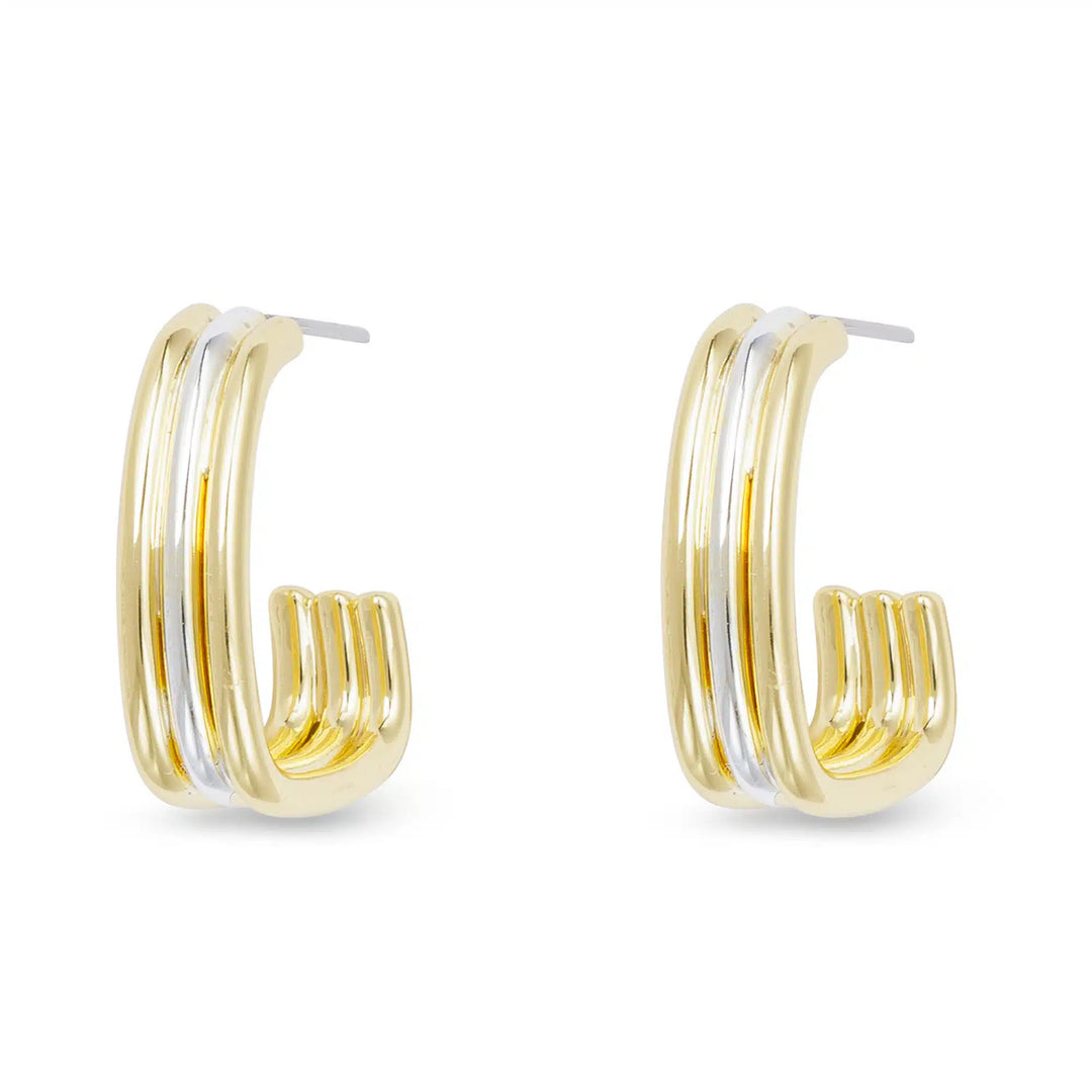 Gold and silver polished rectangle hoop earrings with a triple-banded design.