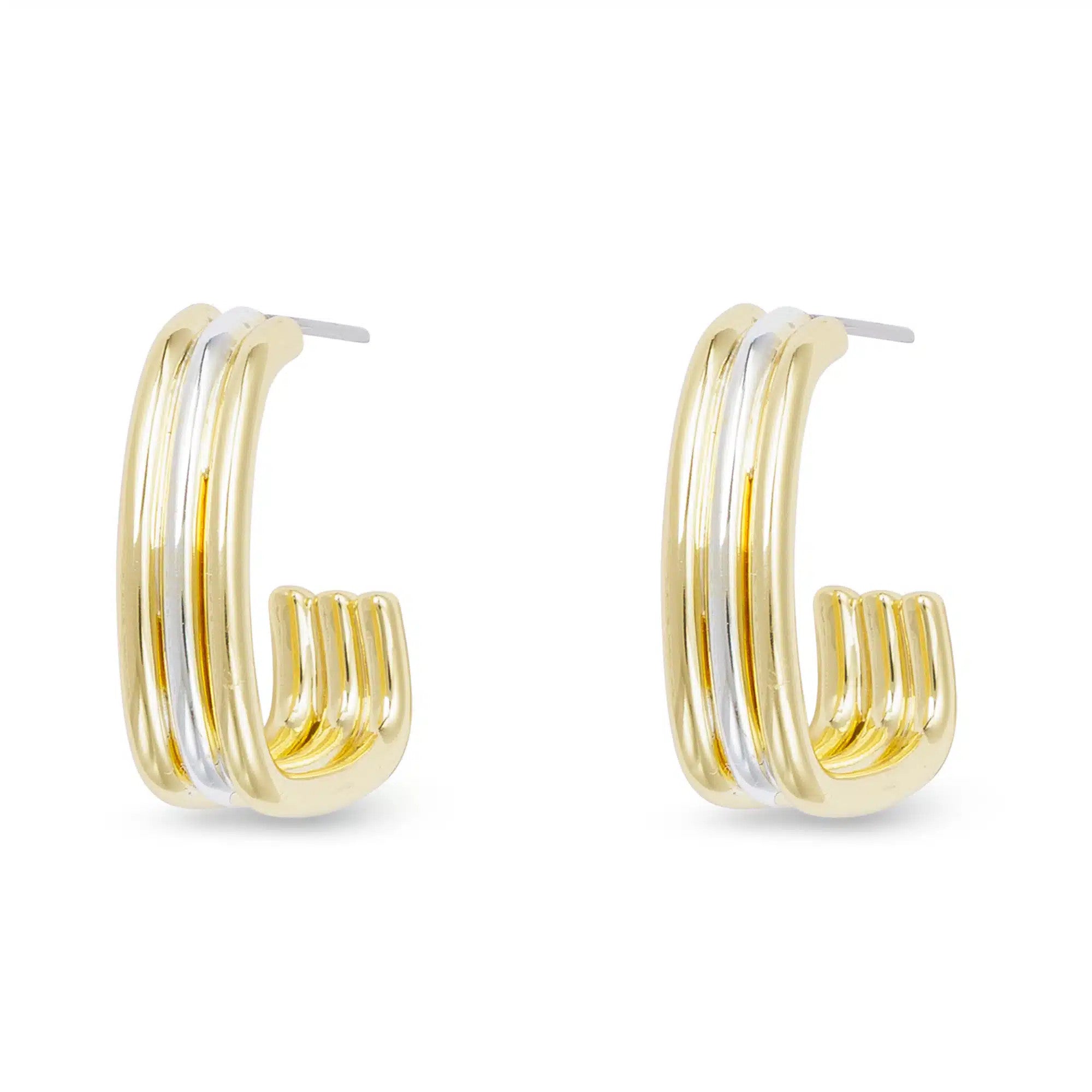 Gold and silver polished rectangle hoop earrings with a triple-banded design.
