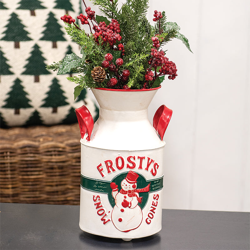 Frosty's Snow Cones distressed white metal milk can with red handles and a snowman graphic.